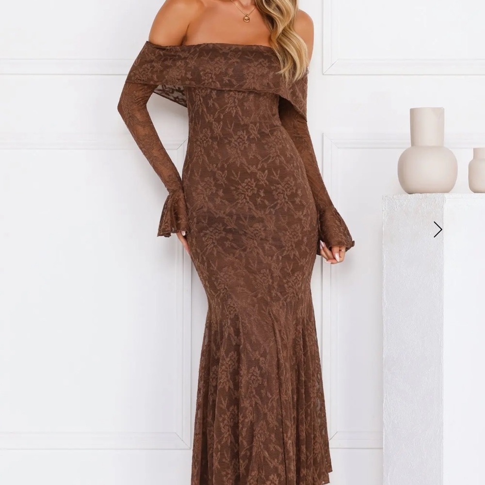Hello Molly SUPREME OFF SHOULDER MESH MAXI DRESS - CHOCOLATE